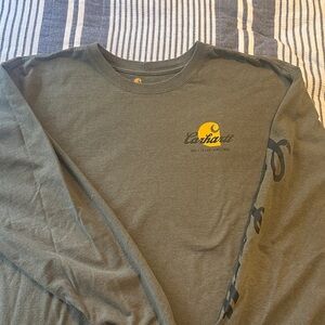 Carhartt Olive Green Long Sleeve Logo Tee with Yellow Chest Accent